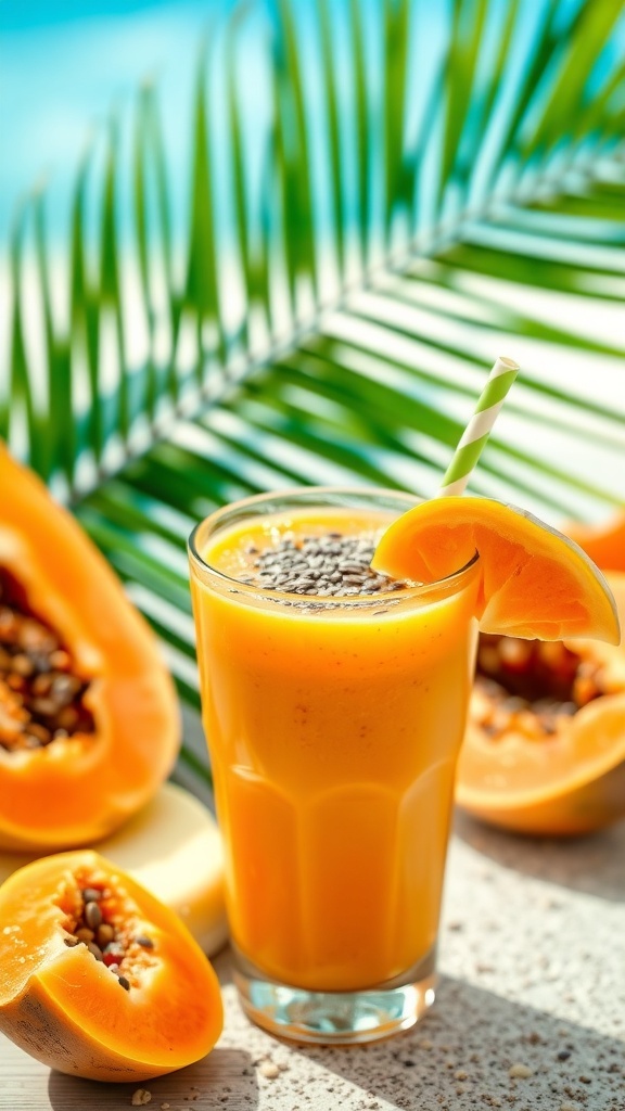 A refreshing Papaya Paradise Smoothie in a glass, garnished with papaya slice and chia seeds, surrounded by tropical fruits.
